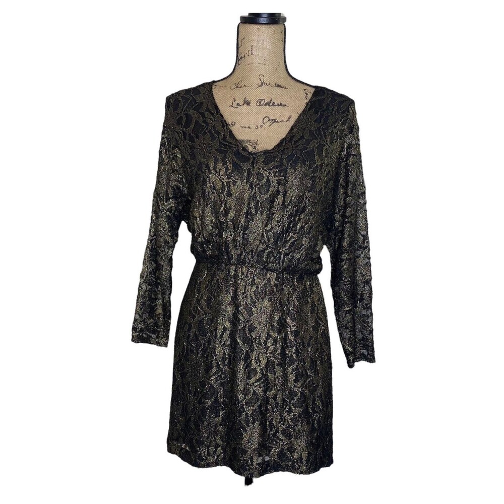 Trina Turk Mini Dress Gold Metallic Floral Lace Overlay Party Glam Cocktail Sz 6